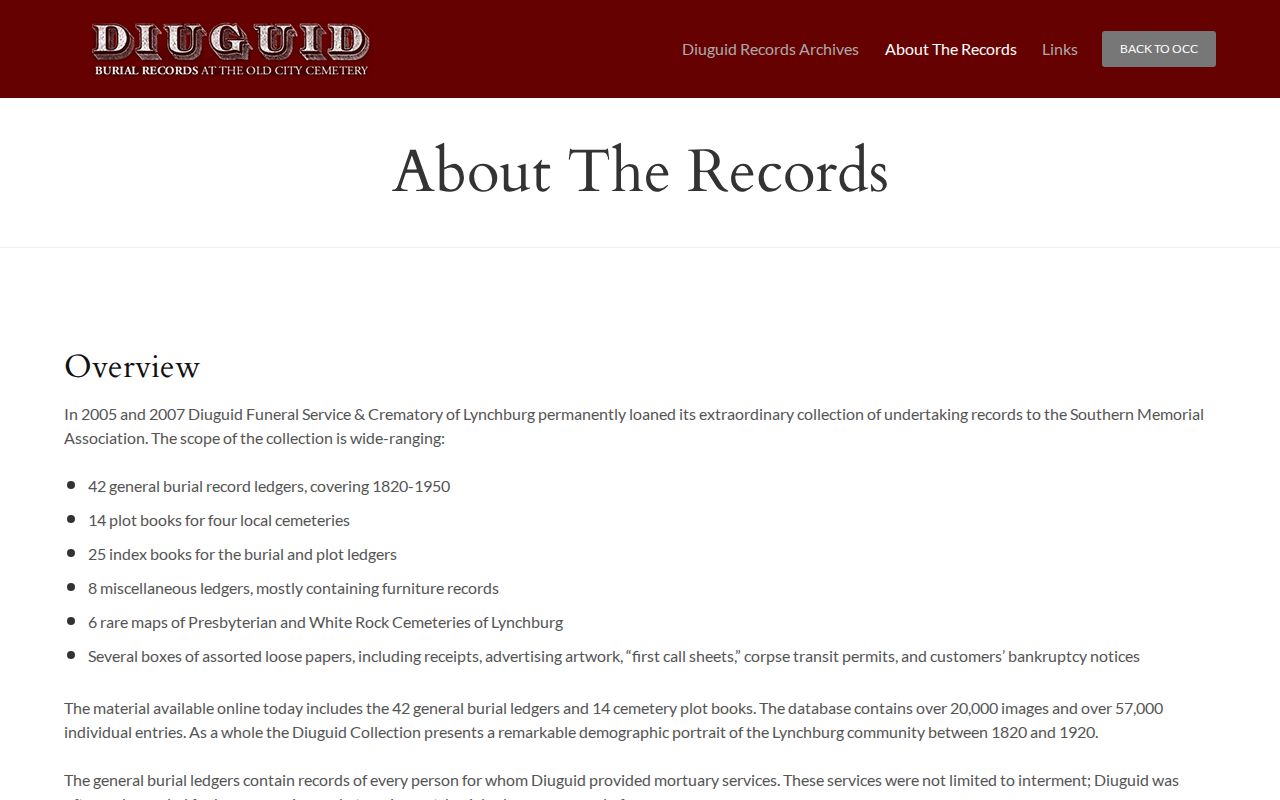 Lynchburg previous residents Southern Memorial burial ledger archive